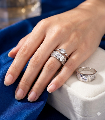 Silver Plated Crystal Couple Rings Set of 2 Adjustable For Pakistan Women and Girls