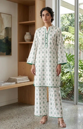White Printed Arabic Lawn Kurta Set for Women