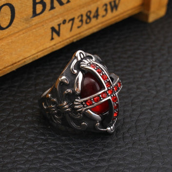 Vintage Stainless Steel Ring with Red Gemstone for Men