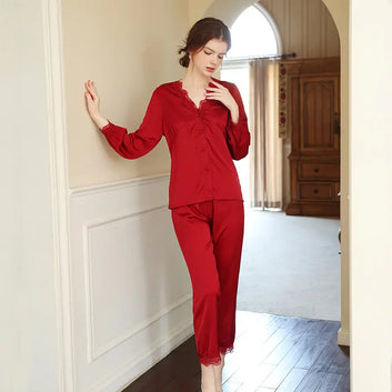 Women Satin Silk Pajamas Pink Lace Home Wear Set